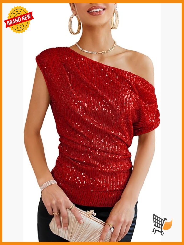 One Shoulder Sequin Ruched Glitter Top Slimming Sparkle Party Shirt